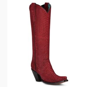 A4194 CORRAL RED FULL PYTHON SNIP TOE TALL EXOTIC WESTERN BOOT; SIZE 8.5; NEW